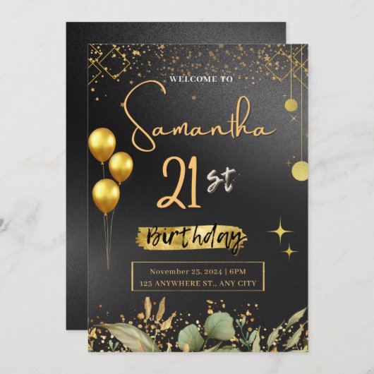 ブラック&金ゴールドエレガントバースデーパーティー招待状 招待状 (正面/裏面)