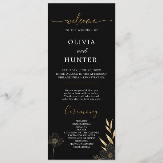 ブラック&金ゴールドエレガントフローラウェディングパーティープログラム プログラム (正面)