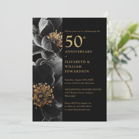 ブラック&金ゴールドエレガントフローラ50周年 招待状 (スタンド正面)