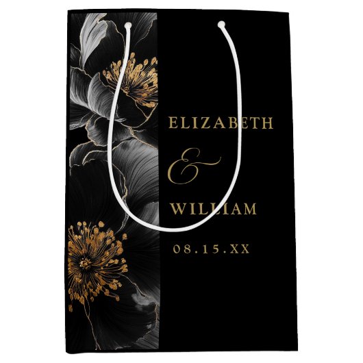 ブラック&金ゴールドエレガントモダンフローラシック結婚ズ ミディアムペーパーバッグ (正面)