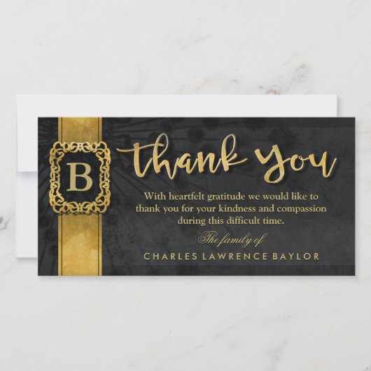 ブラック&金ゴールドエレガントモノグラム悔やみや弔慰ありがとう サンキューカード (正面)