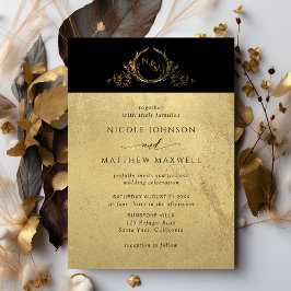 ブラック&金ゴールドエレガントモノグラム結婚式招待状 招待状