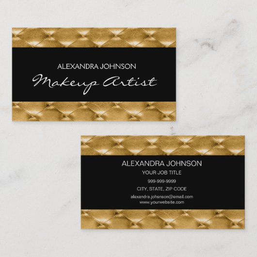 ブラック&金ゴールドエレガントラグジュアリークッションメイクアップアーティスト 名刺 (正面/裏面)