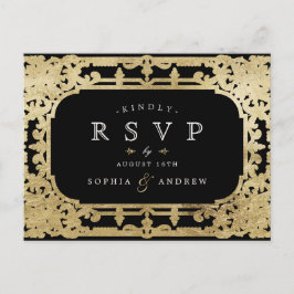 ブラック&金ゴールドエレガントロマンチックなヴィンテージ結婚式RSVP インビテーションポストカード
