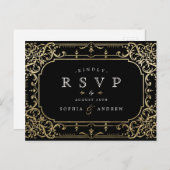 ブラック&金ゴールドエレガントロマンチックなヴィンテージ結婚式RSVP インビテーションポストカード (正面/裏面)