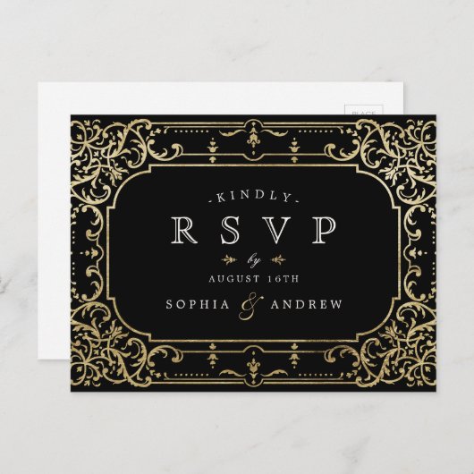 ブラック&金ゴールドエレガントロマンチックなヴィンテージ結婚式RSVP インビテーションポストカード (正面/裏面)