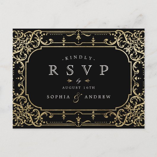 ブラック&金ゴールドエレガントロマンチックなヴィンテージ結婚式RSVP インビテーションポストカード (正面)