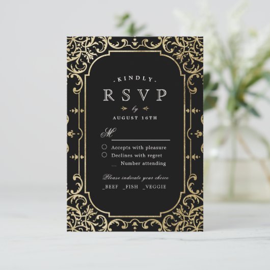 ブラック&金ゴールドエレガントロマンチックなヴィンテージ結婚式RSVP 出欠カード (スタンド正面)