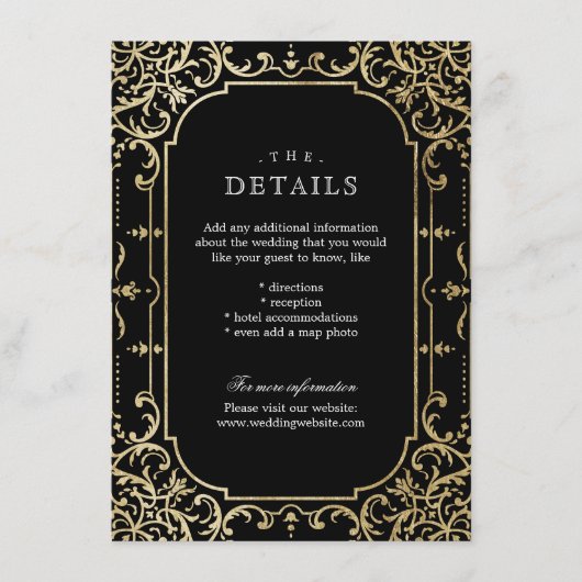 ブラック&金ゴールドエレガントヴィンテージウェディング詳細 エンクロージャーカード (正面)