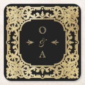 ブラック&金ゴールドエレガントヴィンテージカップルのモノグラムスクウェア スクエアペーパーコースター (正面)