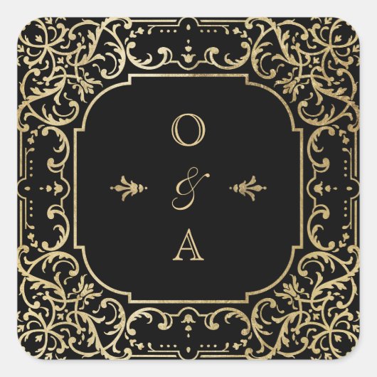 ブラック&金ゴールドエレガントヴィンテージ結婚式モノグラム スクエアシール (正面)