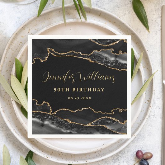 ブラック&金ゴールドエレガント成人誕生日パーティー スタンダードカクテルナプキン