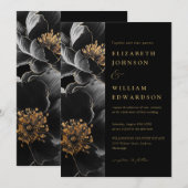 ブラック&金ゴールドオールインワンラグジュアリーフローラ結婚ズ 招待状 (正面/裏面)