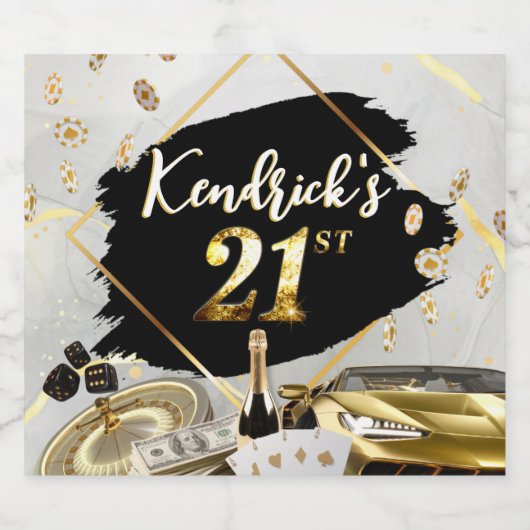ブラック&金ゴールドカジノラグジュアリーカー21st誕生日 ビールラベル (シングルラベル)