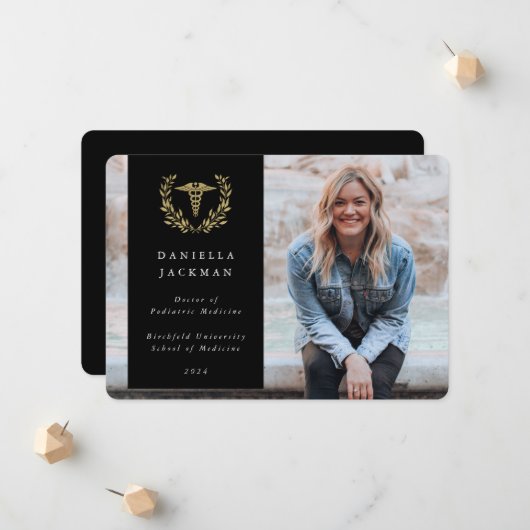 ブラック/金ゴールドカドゥセウス医学部の写真 案内状 (正面/裏面インサイチュ)