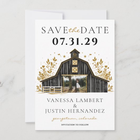 ブラック&金ゴールドカントリーウェディング セーブザデート (正面)