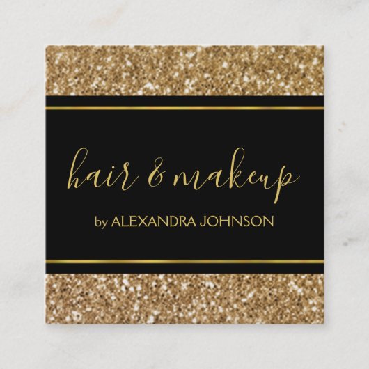 ブラック&金ゴールドガーリースパークルグリッターサロン スクエア名刺 (正面)
