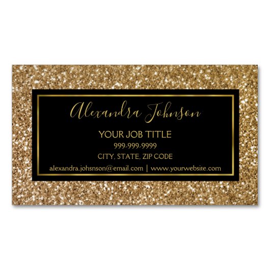 ブラック&金ゴールドガーリースパークルグリッターサロン マグネット名刺 (正面)