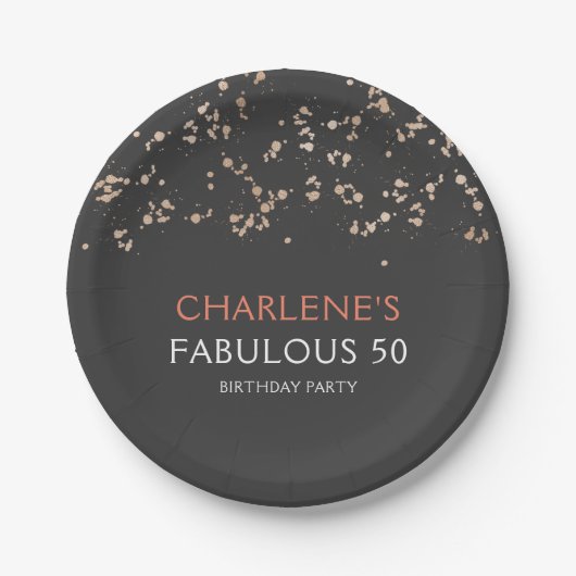 ブラック&金ゴールドガーリーファブラス50誕生日 ペーパープレート (正面)