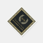 ブラック、金ゴールドギリシャ鍵とローレルリース結婚ズ スタンダードカクテルナプキン (角)