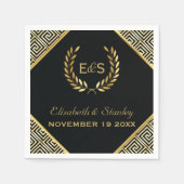 ブラック、金ゴールドギリシャ鍵とローレルリース結婚ズ スタンダードカクテルナプキン (正面)