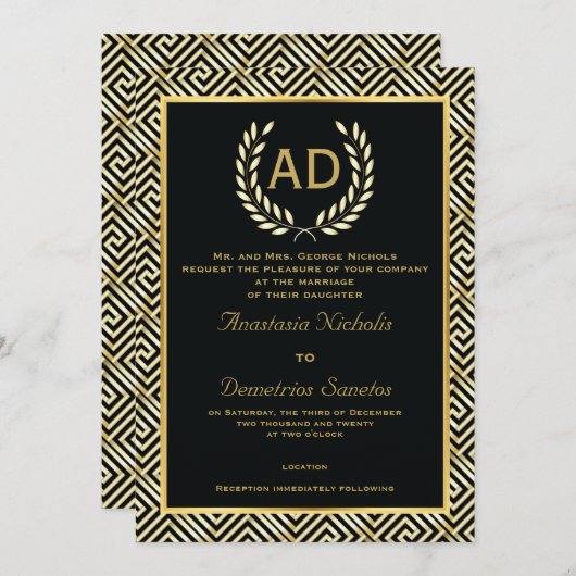 ブラック、金ゴールドギリシャ鍵とローレルリース結婚ズ 招待状 (正面/裏面)