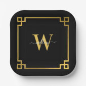 ブラック&金ゴールドギリシャ鍵 モノグラムの ペーパープレート (正面)