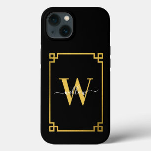 ブラック&金ゴールドギリシャ鍵 モノグラムの iPhone 13ケース