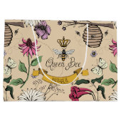 ブラック&金ゴールドクイーンビー王室のクラウン&スクロール ラージペーパーバッグ (裏面)