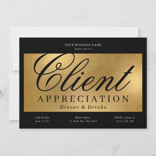 ブラック&金ゴールドクライアント評価ビジネスディナー 招待状 (正面)
