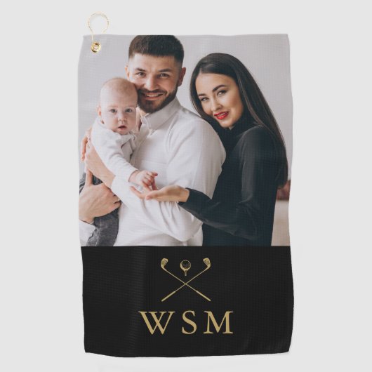 ブラック&金ゴールドクラシックモノグラムフォトゴルフクラブ ゴルフタオル (正面)