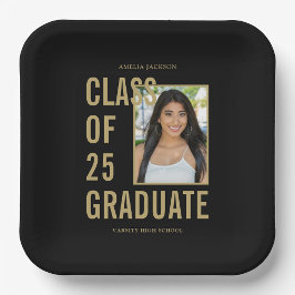 ブラック&金ゴールドクラス2025写真卒業パーティー ペーパープレート