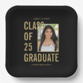 ブラック&金ゴールドクラス2025写真卒業パーティー ペーパープレート (正面)