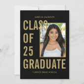 ブラック&金ゴールドクラス25写真&バイオ卒業 案内状 (正面)