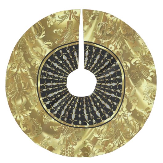 ブラック&金ゴールドクリスマススノーフレーク ブラッシュドポリエステルツリースカート (正面)