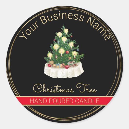 ブラック&金ゴールドクリスマスツリーキャンドル製品ラベル ラウンドシール (正面)