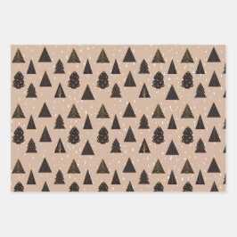 ブラック&金ゴールドクリスマスツリー、雪 ラッピングペーパーシート