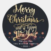 ブラック&金ゴールドクリスマス&ハッピーニューイヤータイポグラフィ ラウンドシール (正面)