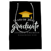 ブラック&金ゴールドグラッドハット卒業パーティーのお願い ミディアムペーパーバッグ (正面)
