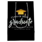 ブラック&金ゴールドグラッドハット卒業パーティーのお願い ミディアムペーパーバッグ (裏面)