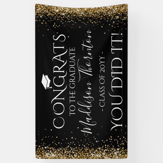 ブラック&金ゴールドグリッターおめでとう大学院卒業 横断幕 (縦)