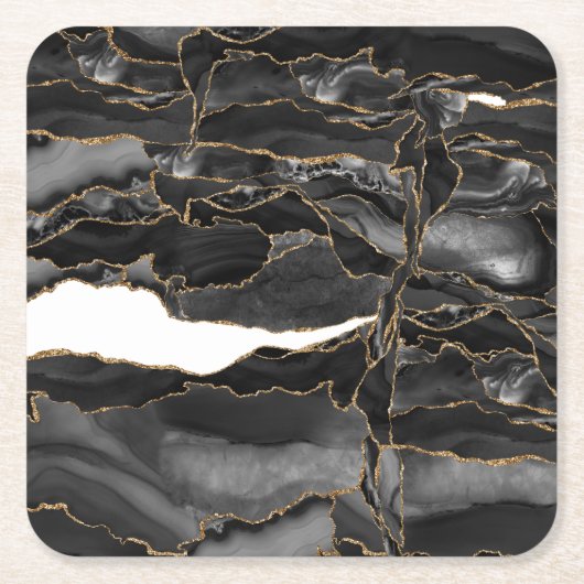ブラック&金ゴールドグリッターアゲート スクエアペーパーコースター (正面)