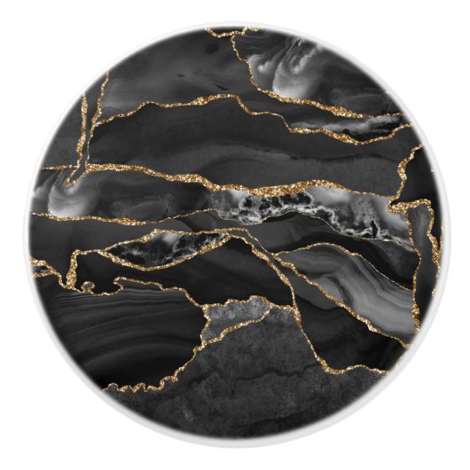 ブラック&金ゴールドグリッターアゲート セラミックノブ (正面)