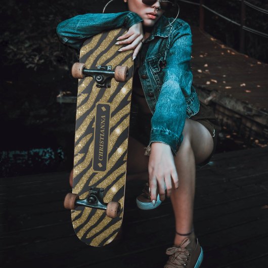 ブラック&金ゴールドグリッターアニマルゼブラタイガーストライプ スケートボード