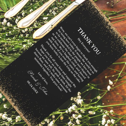 ブラック&金ゴールドグリッターウェディングレセプションテーブル サンキューカード