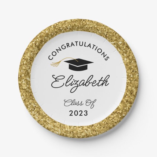 ブラック&金ゴールドグリッターカスタム卒業式パーティー ペーパープレート (正面)