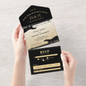 ブラック&金ゴールドグリッターギタ結婚ー オールインワン招待状 (貼ってはがせる)