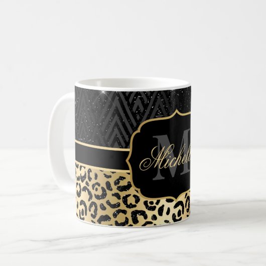 ブラック&金ゴールドグリッターグラムヒョウの斑点&アールデコ コーヒーマグカップ (正面左)