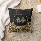 ブラック&金ゴールドグリッターグラムレオパードスポット&アールデコ クッション (ブランケット)