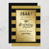 ブラック&金ゴールドグリッターサプライズ50th誕生日ディナー 招待状 (正面/裏面)
